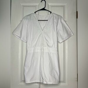 White Embroidered V-Neck Scrub Top